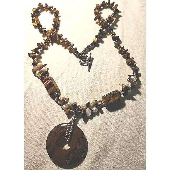 Tiger's Eye Stone Natural Pearl 925 Sterling Silver Necklace Pendant 22 In. - Picture 7 of 7